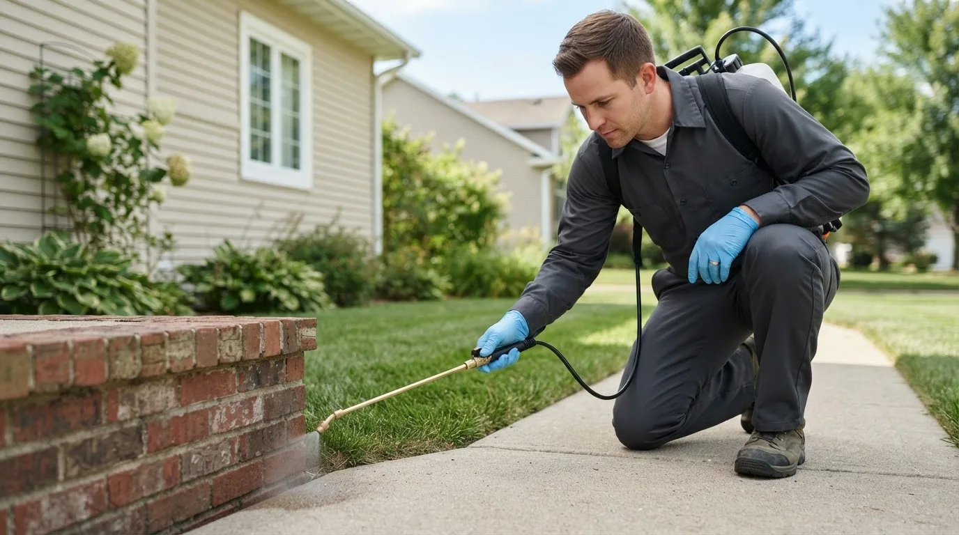 Pest control technician treating a home near Gatzke, MN